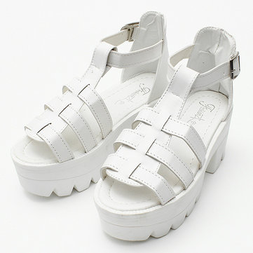 Dame plate-forme de lanières talon bloc boucle chunky cheville sandales hautes